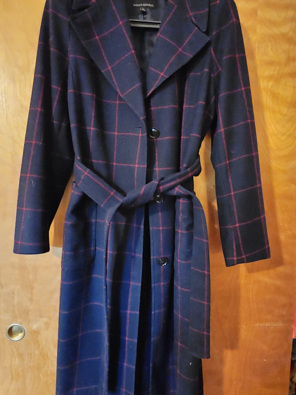Banana Republic Navy Coat with Red Windowpane Plaid